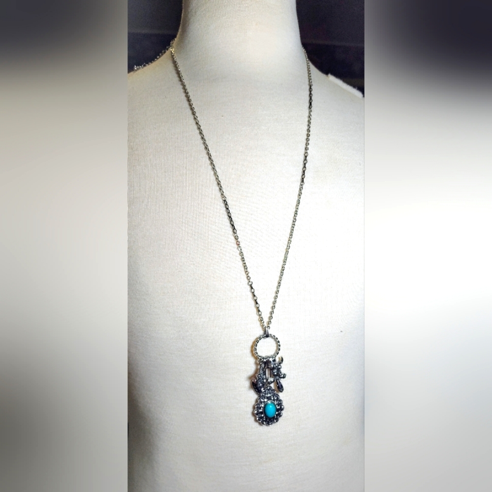 Elegant Long Silver and Turquoise Pendant Necklace. NWOT